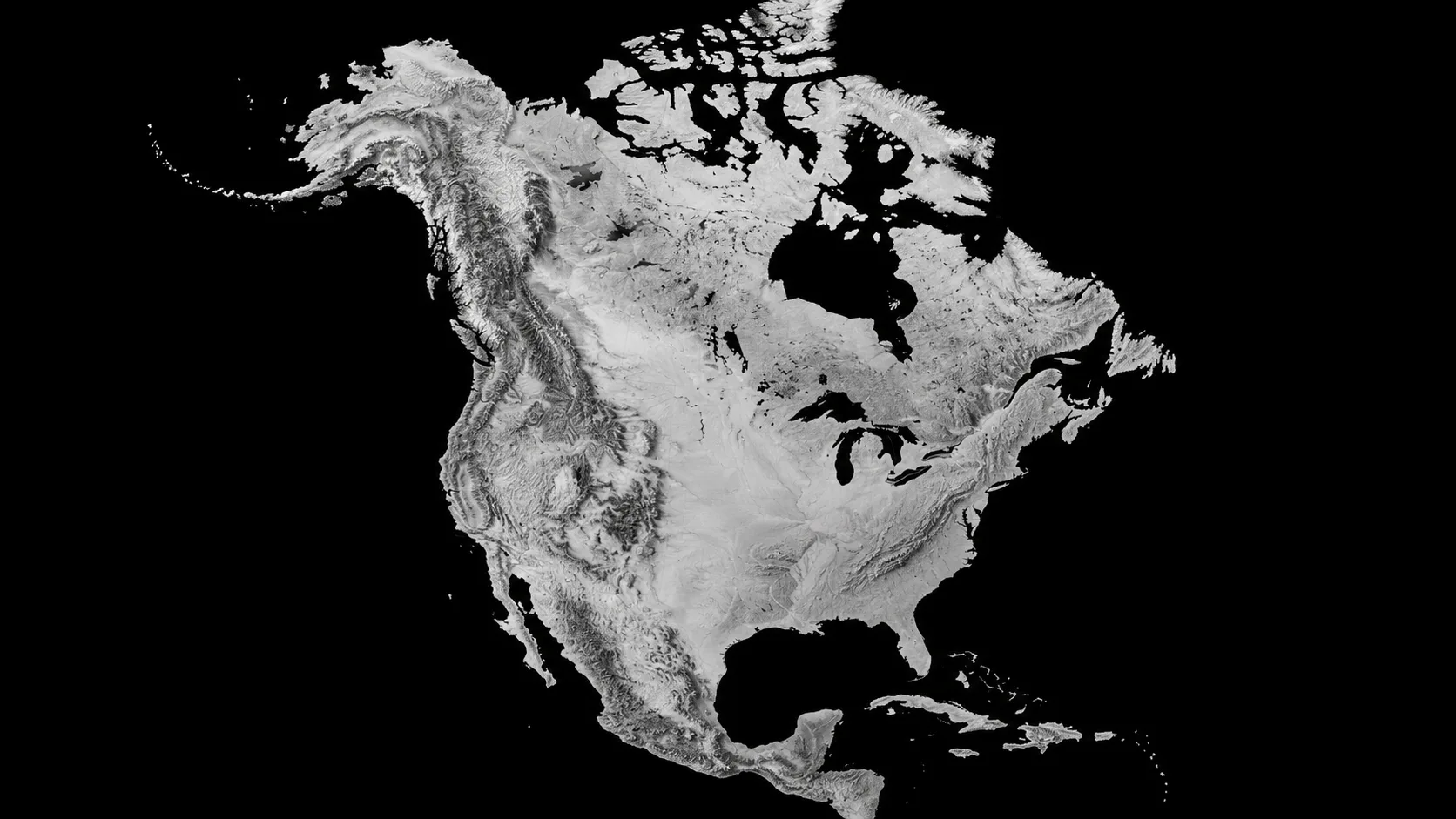 Shaded relief map of North America in greyscale