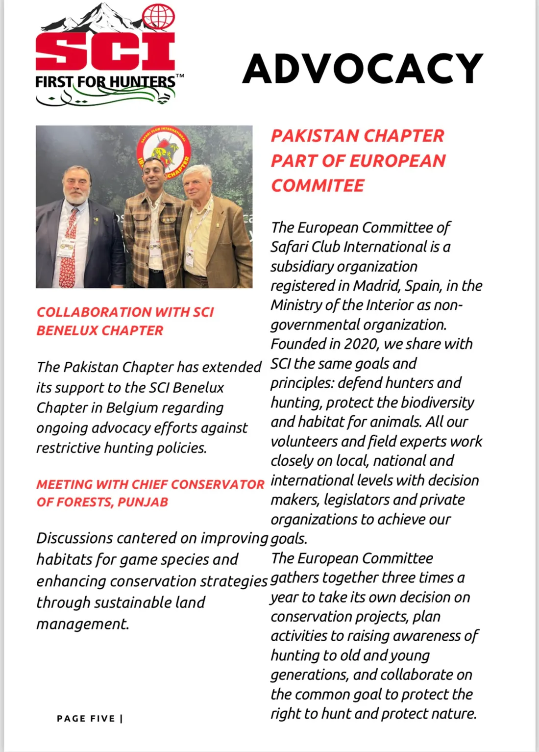 Newsletter page on advocacy, with the chapter president standing between two SCI European Committee members.