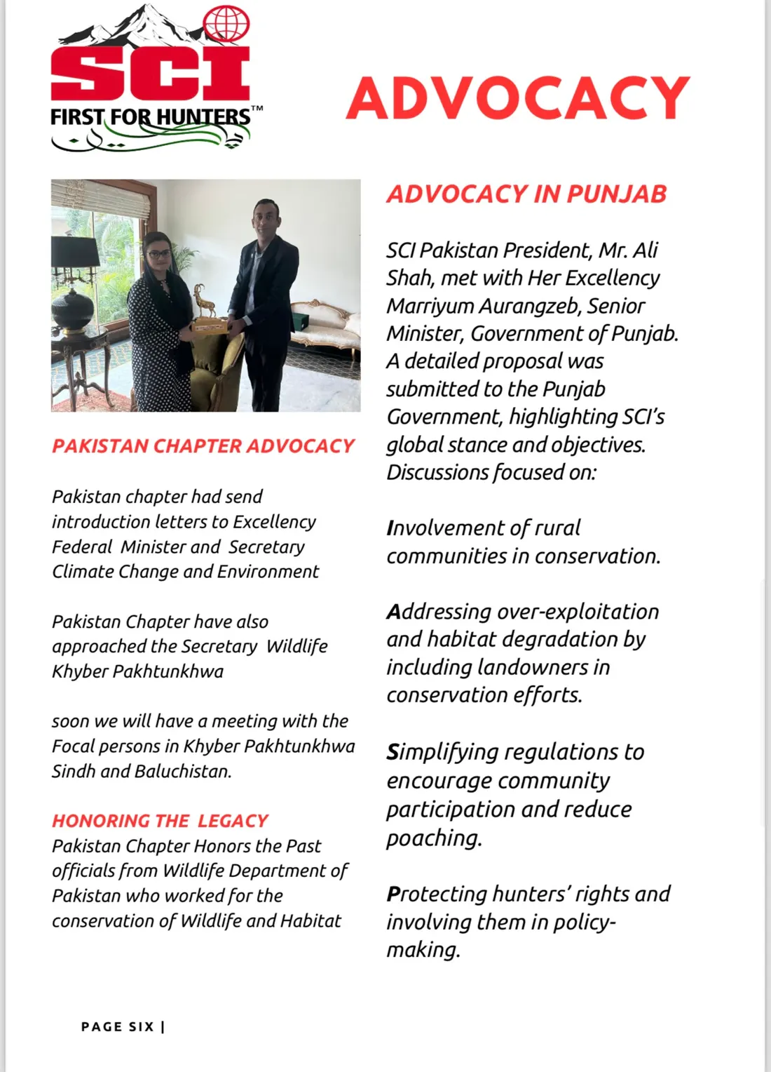 Newsletter page on advocacy in Punjab, with the chapter president presenting a markhor trophy to the Senior Minister.