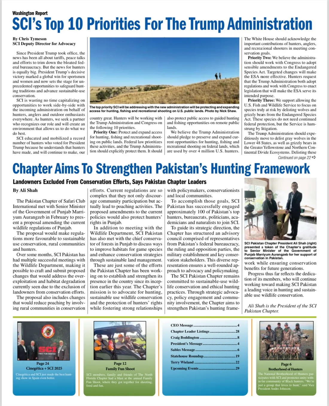 Magazine page reporting the Pakistan Chapter's meeting with the Senior Minister of Punjab, with a photograph of the chapter president presenting a token of gratitude.