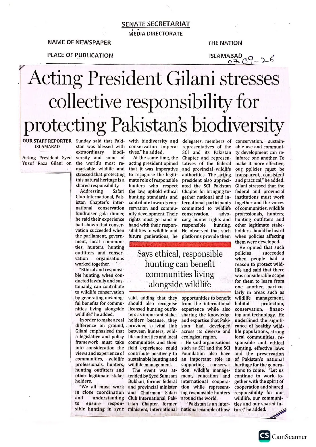 Newspaper clipping of The Nation report on the gala.